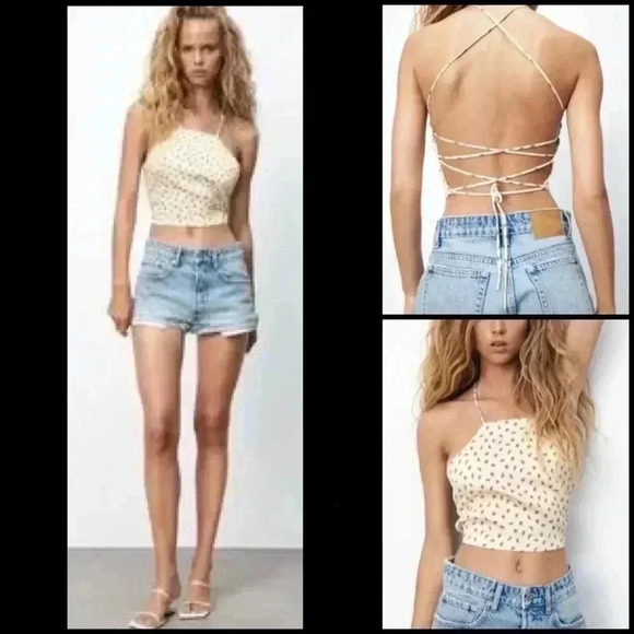 Zara Watermelon Print Satin Strappy Back Cropped Top Size S - Picture 1 of 7